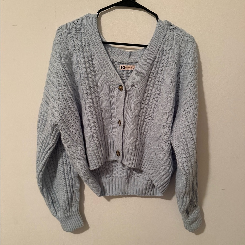 SO Women's Soft Blue Cable Knit Cardigan